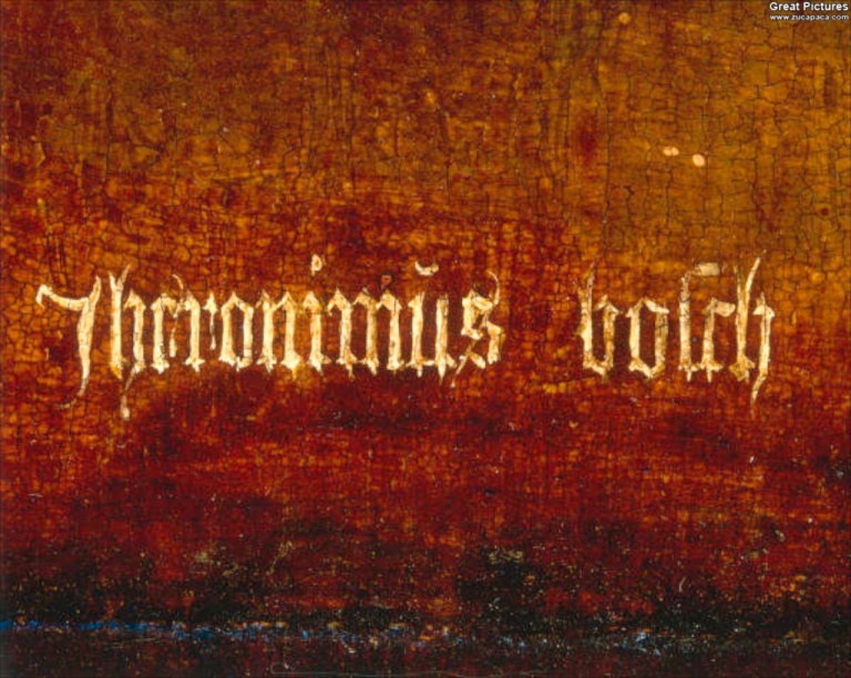Bosch' signature spelling Jheronimǔs boſch from The Hermit Saints triptych
