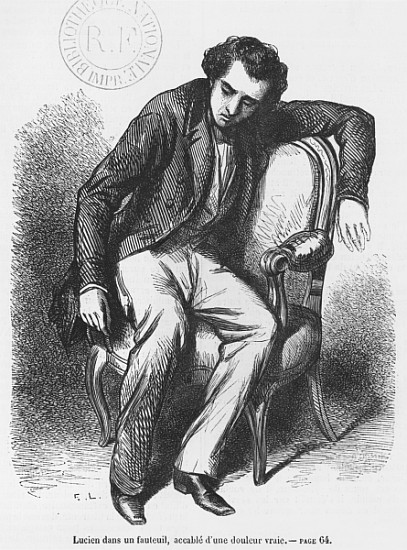 XIR346542 Lucien de Rubempre overwhelmed with sorrow, illustration from 'Les Illusions perdues' by Honore de Balzac (engraving) (b/w photo) by French School, (19th century); Bibliotheque Nationale, Paris, France; (add. info.: Lucien Chardon accable de douleur; 'Lost Illusions' by Balzac (1799-1850); part of La Comedie Humaine; written between 1837 and 1843; lives in Angouleme; hopes to make his mark as a poet in Paris; E.L., artist Emile Lassalle (1813-71) ?; B.N.Z. 7765); Giraudon; French, out of copyright